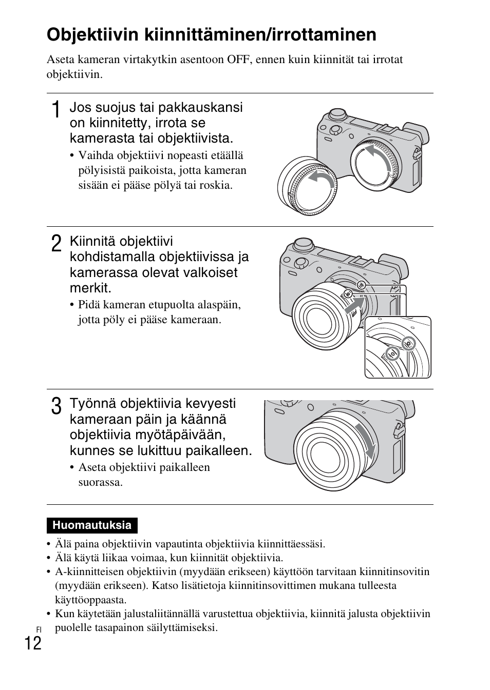 Objektiivin kiinnittäminen/irrottaminen, 12 objektiivin kiinnittäminen/irrottaminen | Sony NEX-6L User Manual | Page 542 / 627