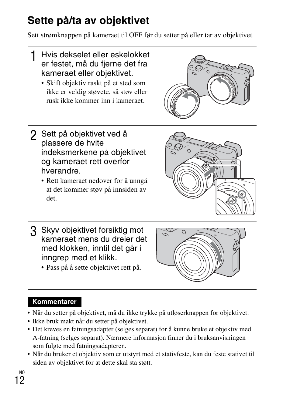 Sette på/ta av objektivet, 12 sette på/ta av objektivet | Sony NEX-6L User Manual | Page 572 / 627