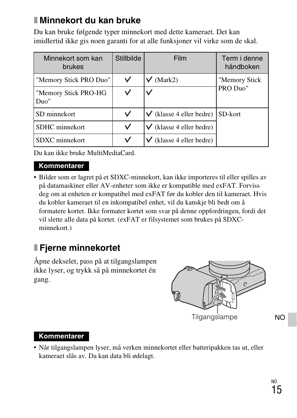 Xminnekort du kan bruke, Xfjerne minnekortet | Sony NEX-6L User Manual | Page 575 / 627