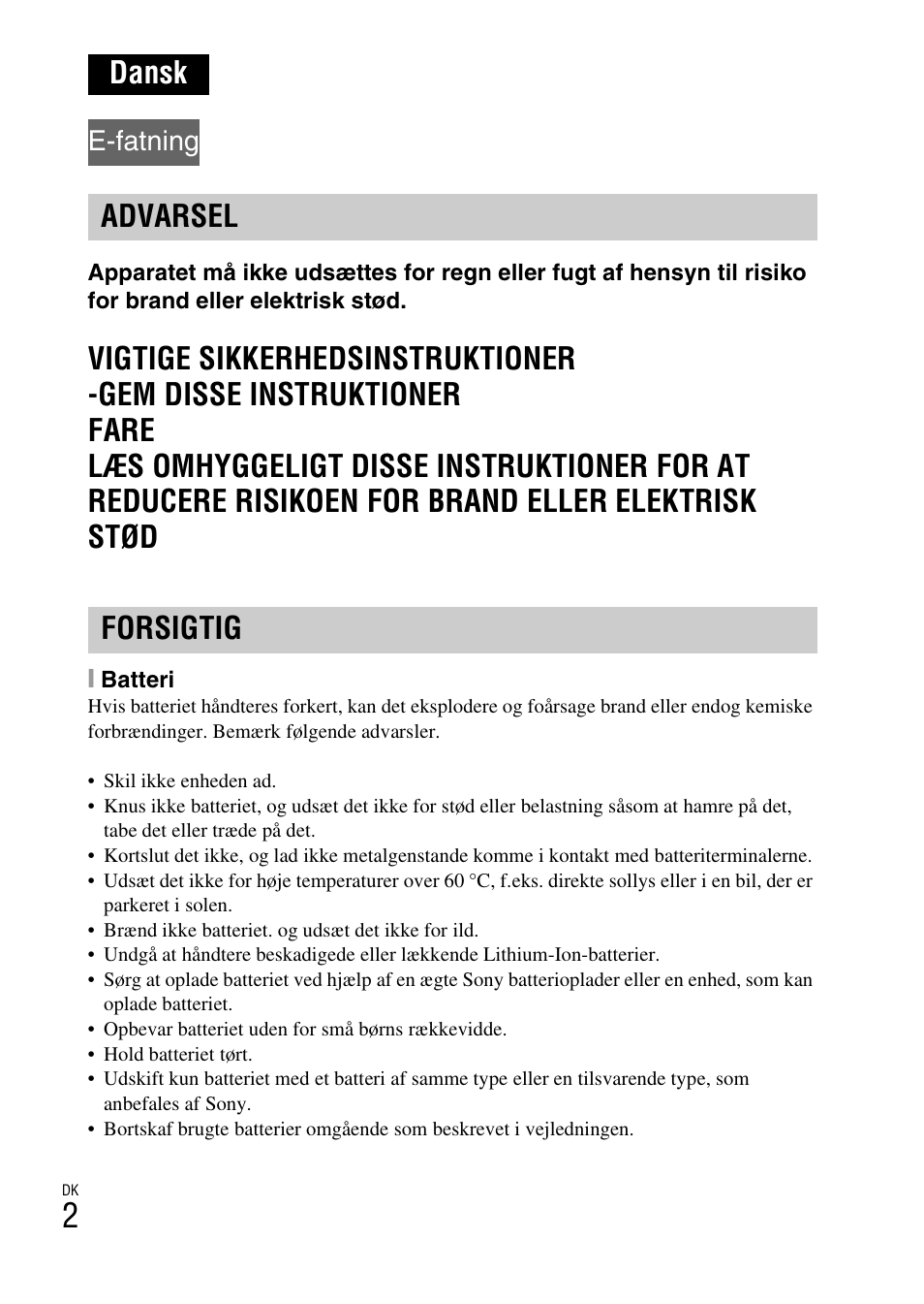 Dansk, Advarsel forsigtig, E-fatning | Sony NEX-6L User Manual | Page 592 / 627