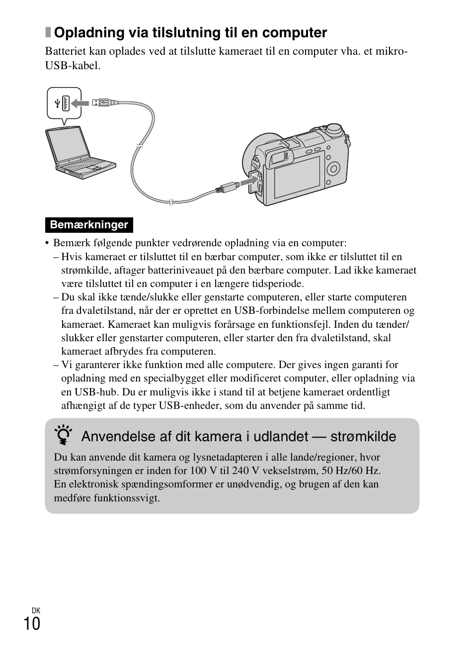 Xopladning via tilslutning til en computer, Anvendelse af dit kamera i udlandet — strømkilde | Sony NEX-6L User Manual | Page 600 / 627