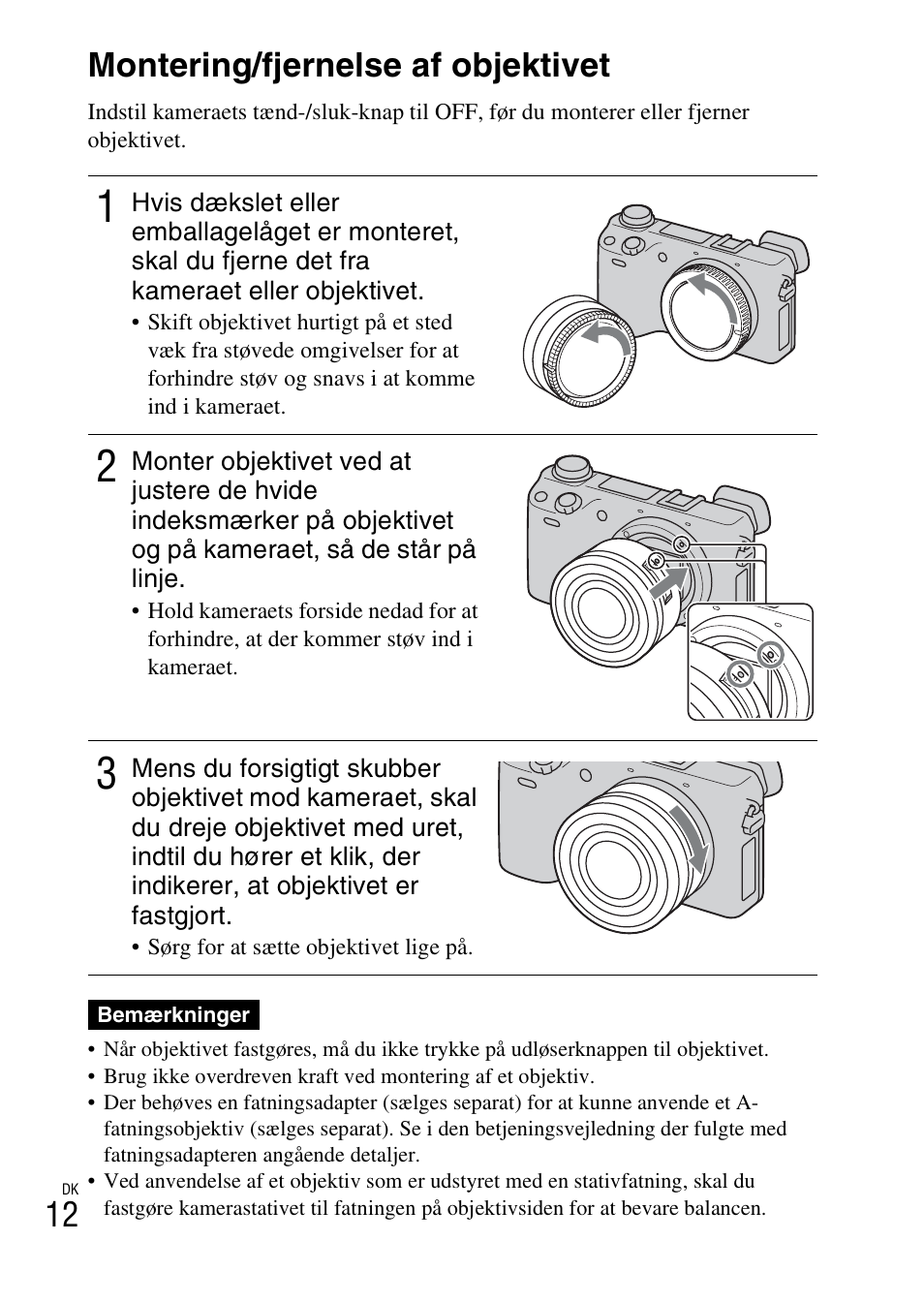 Montering/fjernelse af objektivet, 12 montering/fjernelse af objektivet | Sony NEX-6L User Manual | Page 602 / 627