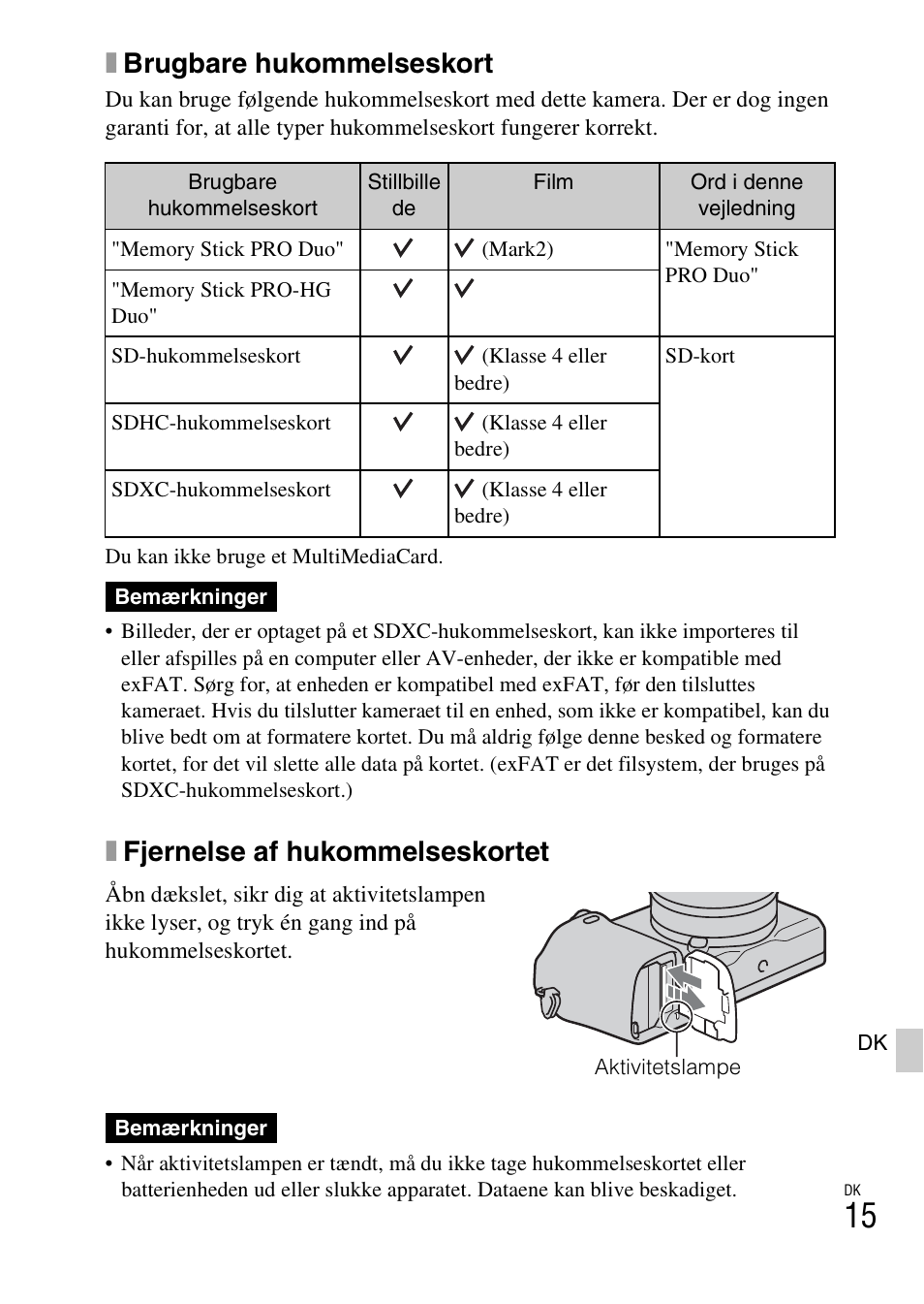 Xbrugbare hukommelseskort, Xfjernelse af hukommelseskortet | Sony NEX-6L User Manual | Page 605 / 627