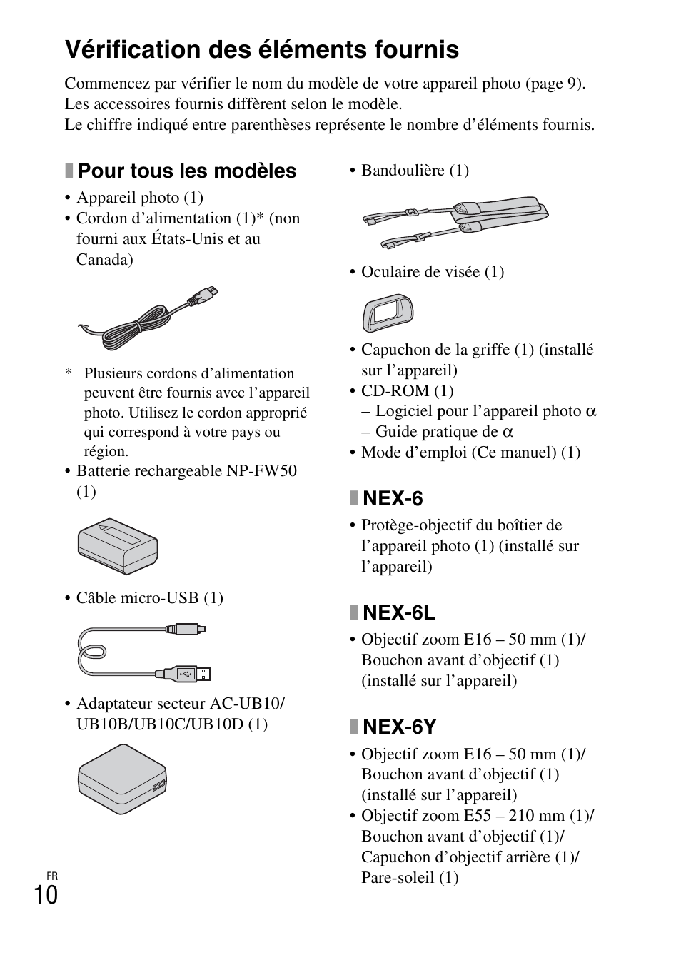 Préparation de l’appareil, Vérification des éléments fournis, Xpour tous les modèles | Xnex-6, Xnex-6l, Xnex-6y | Sony NEX-6L User Manual | Page 72 / 627