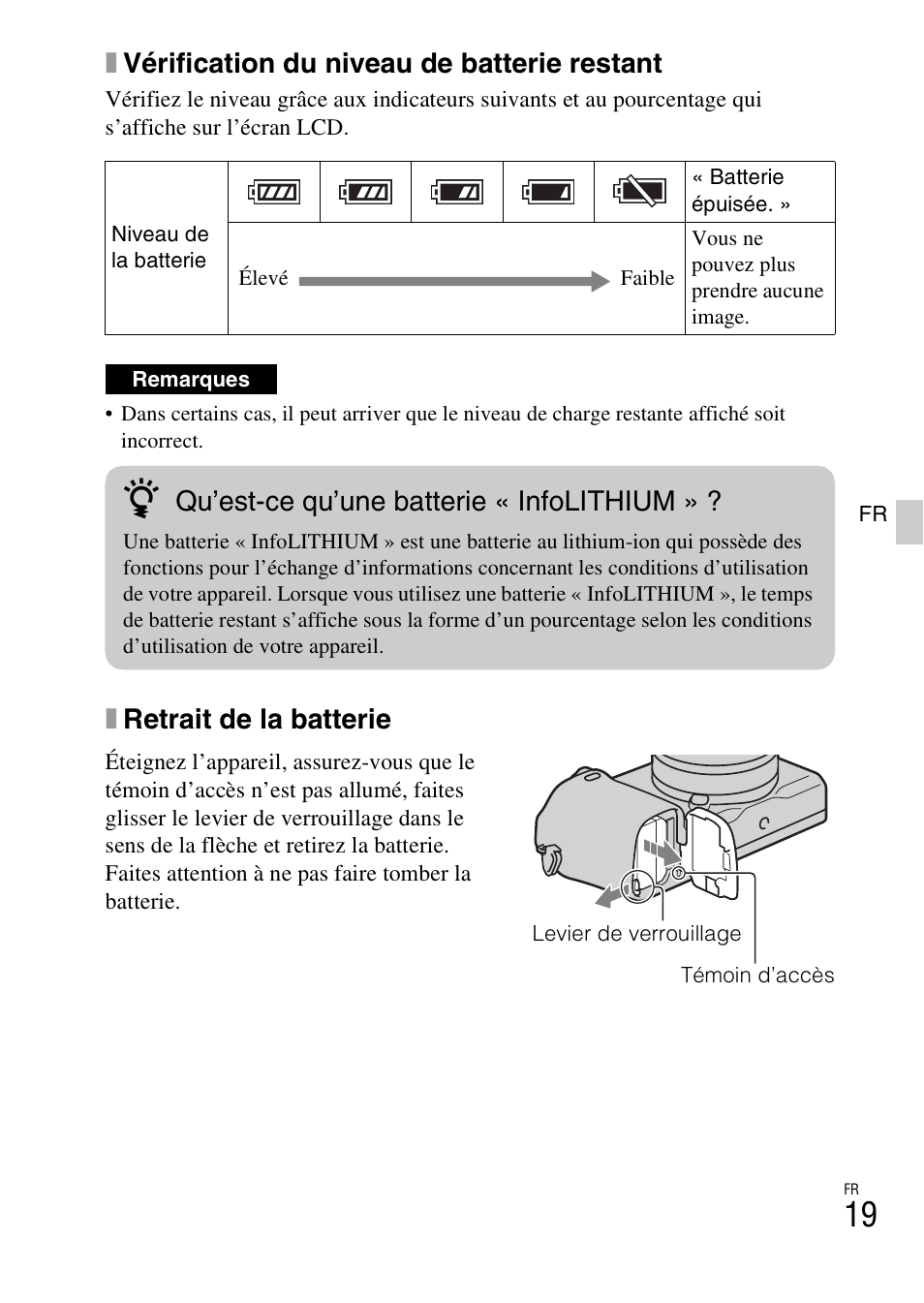 Xvérification du niveau de batterie restant, Xretrait de la batterie, Qu’est-ce qu’une batterie « infolithium | Sony NEX-6L User Manual | Page 81 / 627