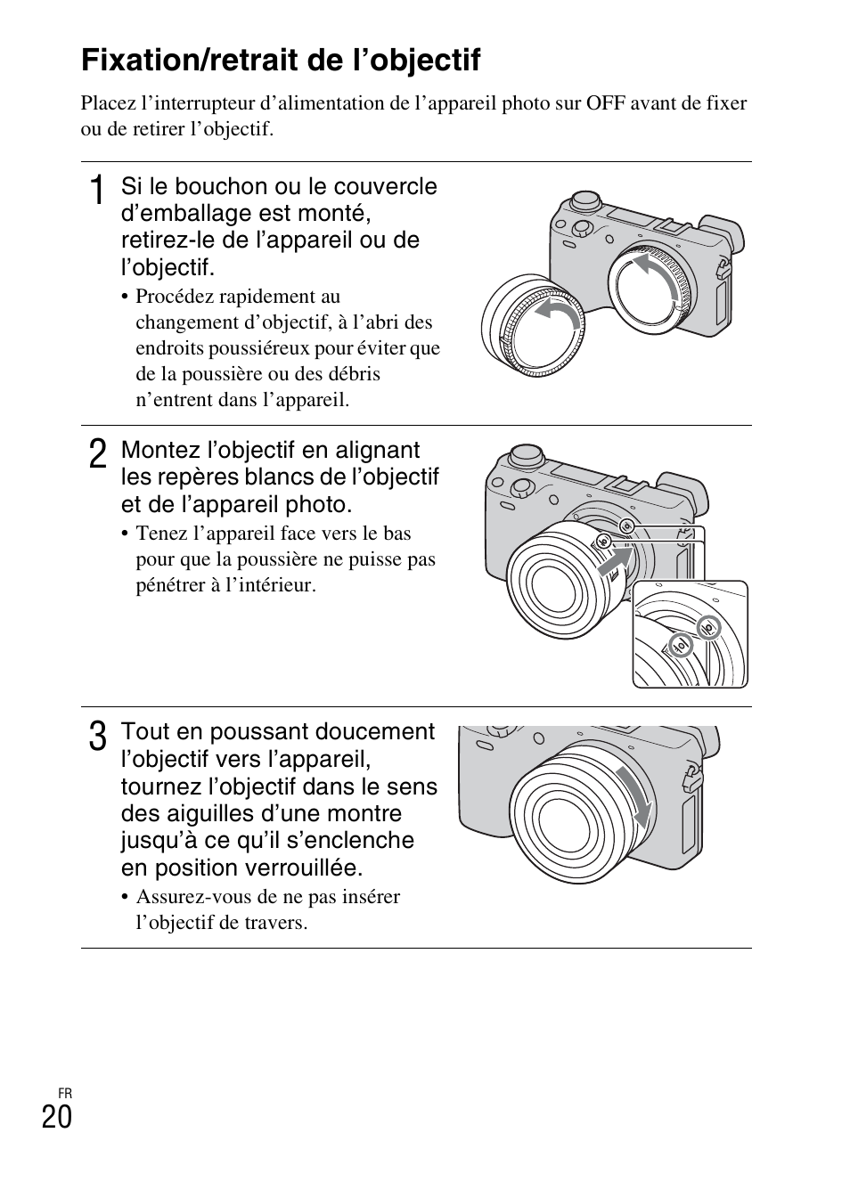 Fixation/retrait de l’objectif, 20 fixation/retrait de l’objectif | Sony NEX-6L User Manual | Page 82 / 627