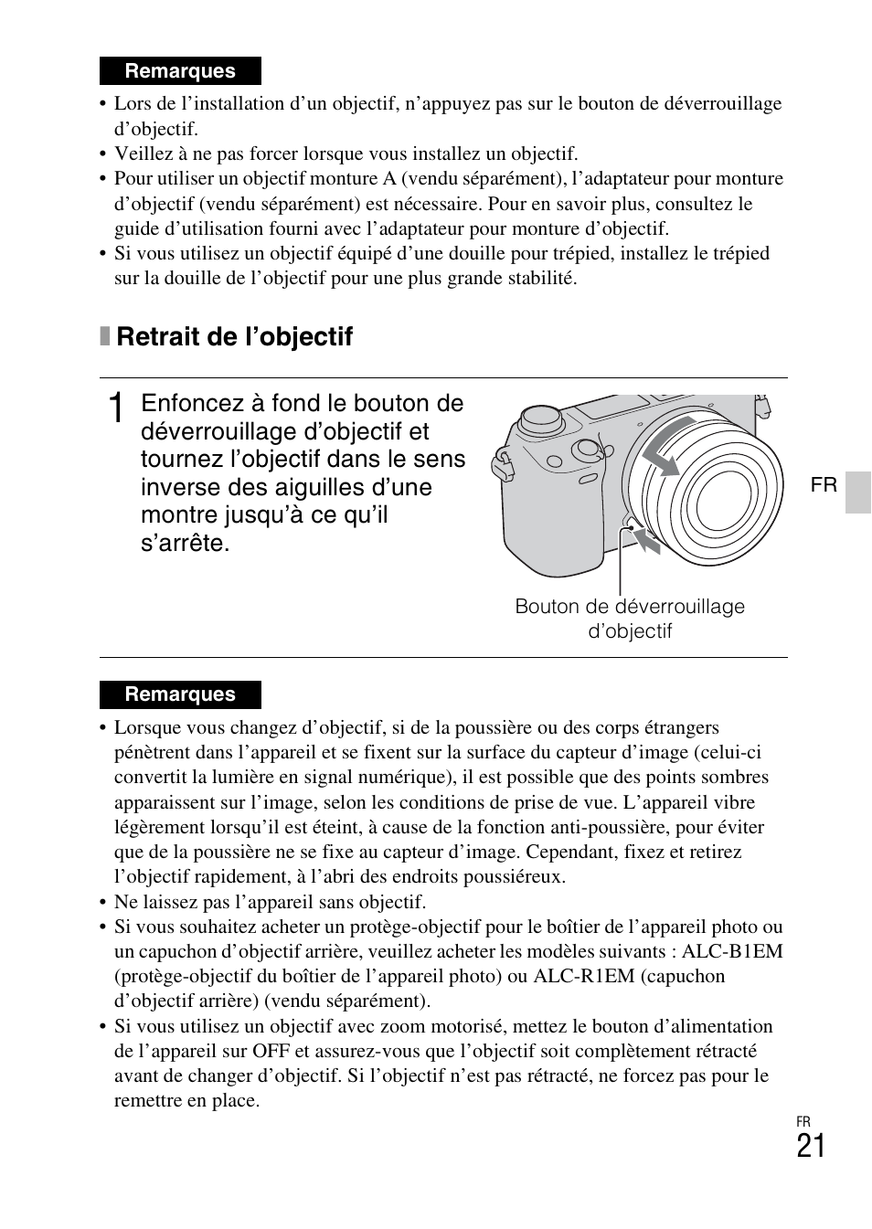 Xretrait de l’objectif | Sony NEX-6L User Manual | Page 83 / 627