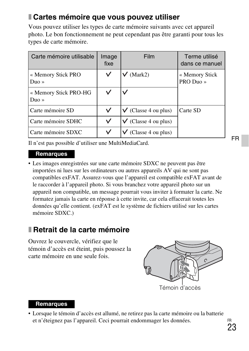 Xcartes mémoire que vous pouvez utiliser, Xretrait de la carte mémoire | Sony NEX-6L User Manual | Page 85 / 627