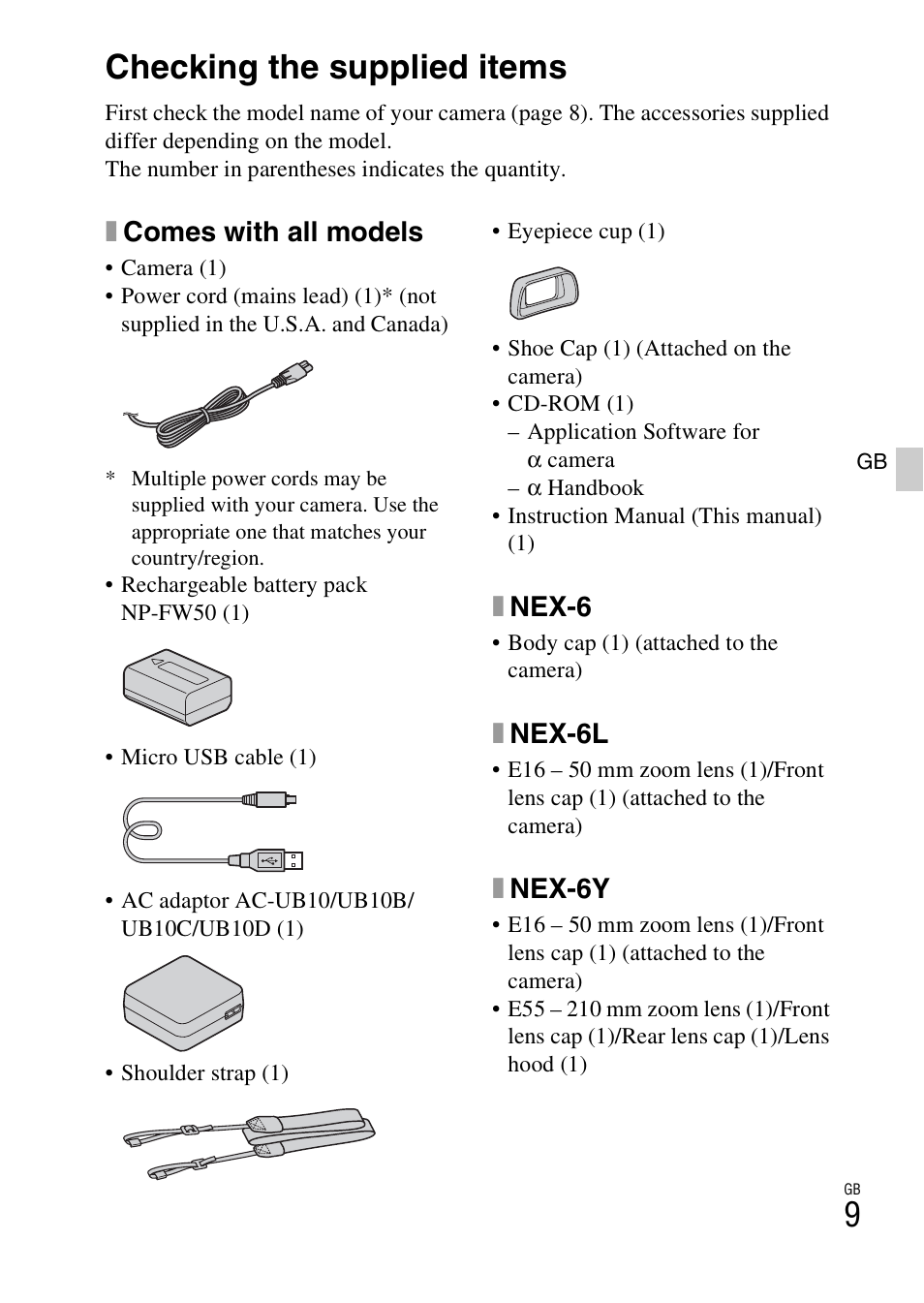 Preparing the camera, Checking the supplied items, Xcomes with all models | Xnex-6, Xnex-6l, Xnex-6y | Sony NEX-6L User Manual | Page 9 / 627