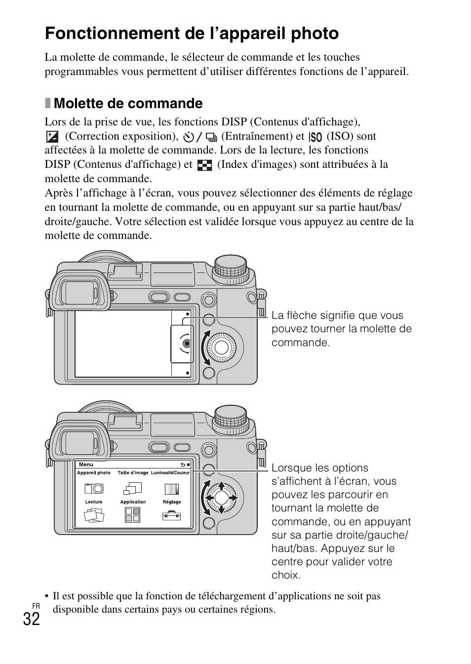 Fonctionnement de l’appareil photo, 32 fonctionnement de l’appareil photo, Xmolette de commande | Sony NEX-6L User Manual | Page 94 / 627