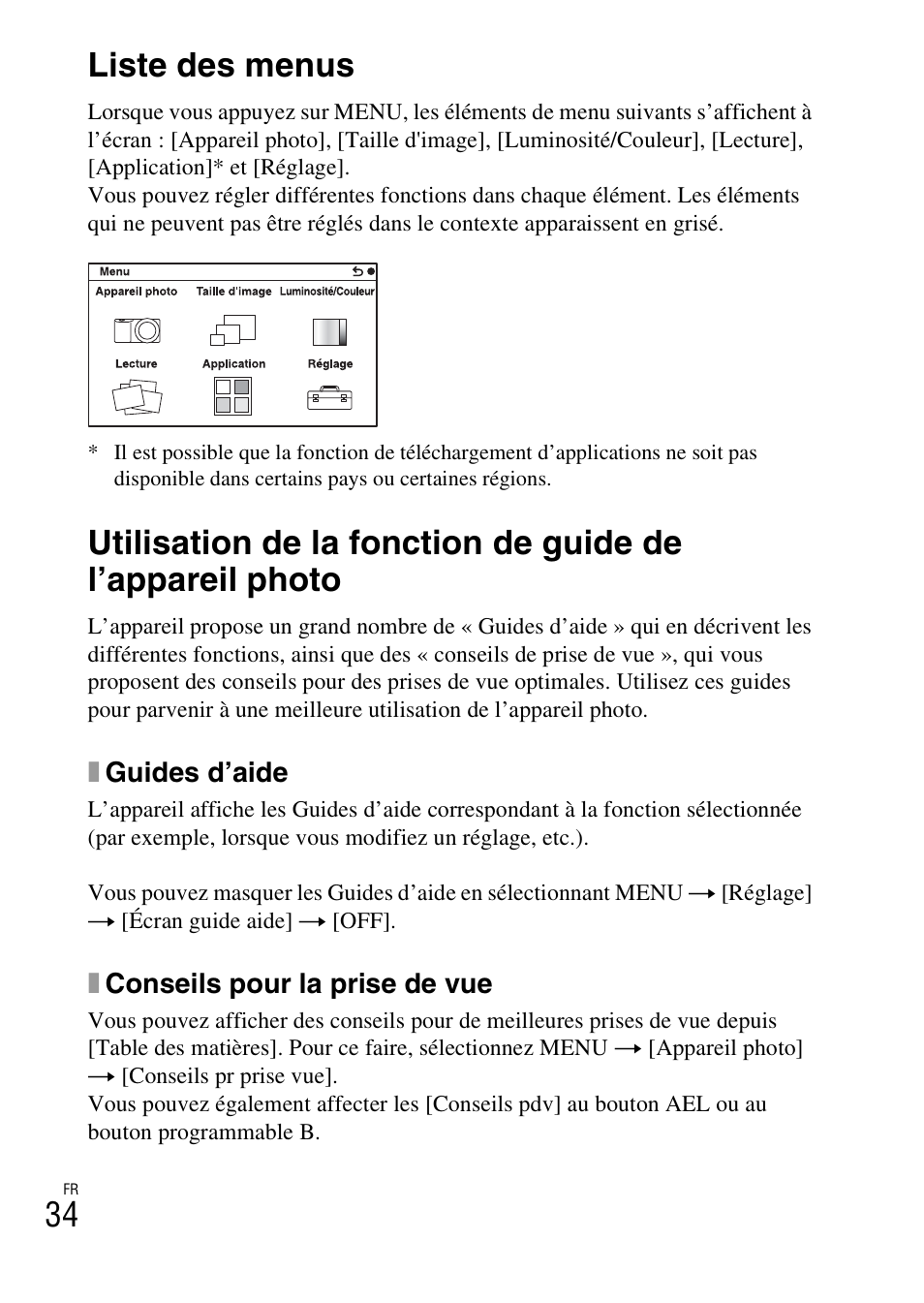 Liste des menus, 34 liste des menus | Sony NEX-6L User Manual | Page 96 / 627