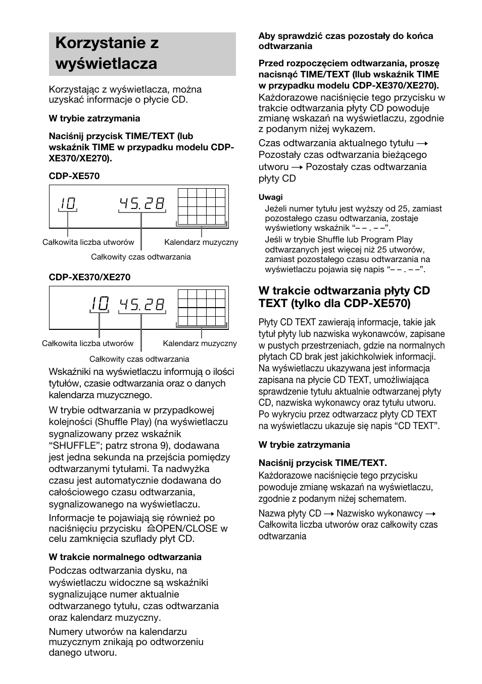 Korzystanie z wyświetlacza | Sony CDP-XE370 User Manual | Page 100 / 108