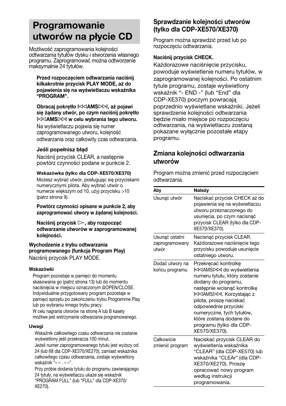 Programowanie utworów na płycie cd | Sony CDP-XE370 User Manual | Page 102 / 108