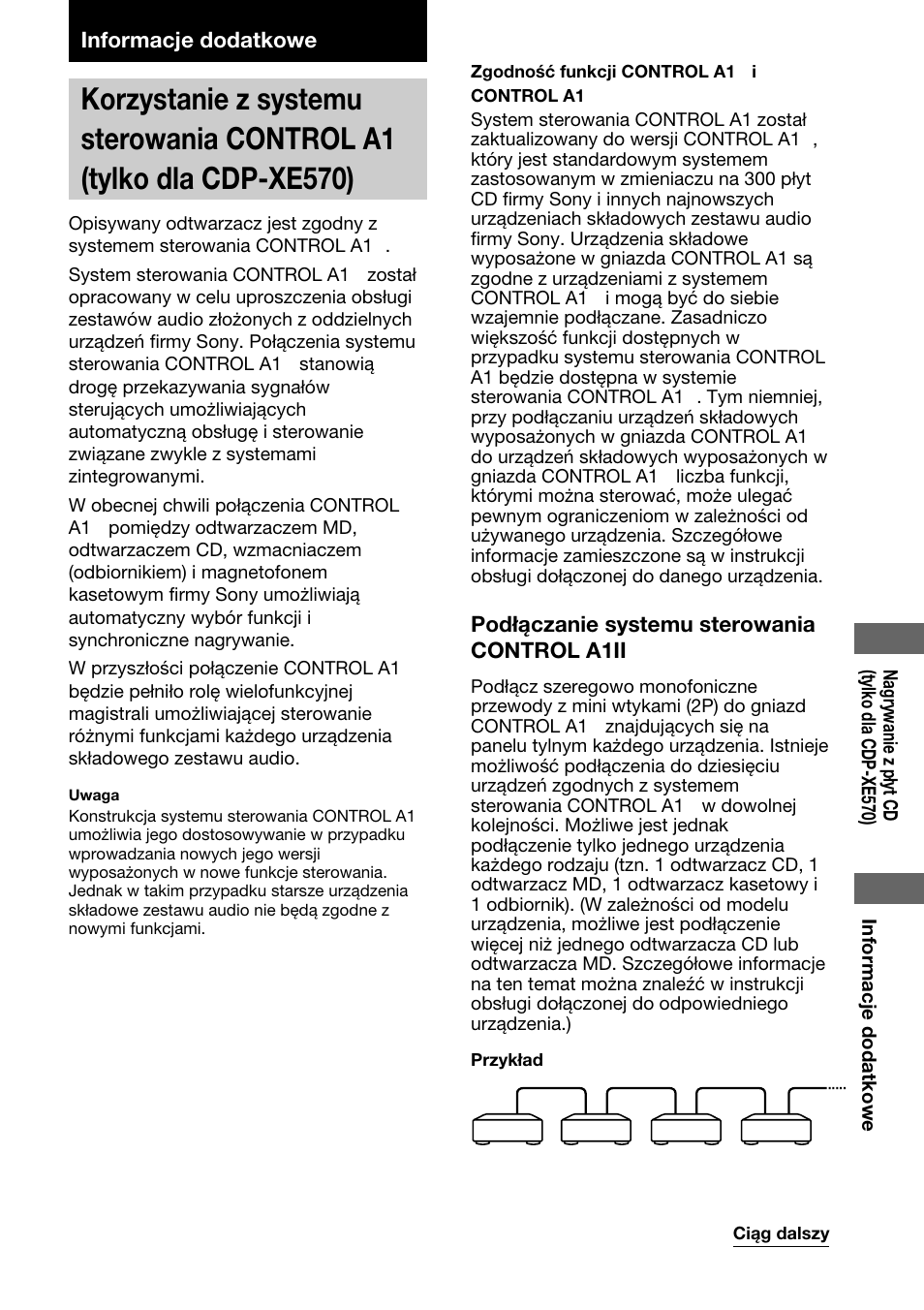 Informacje dodatkowe, Podłączanie systemu sterowania control a1ii | Sony CDP-XE370 User Manual | Page 105 / 108