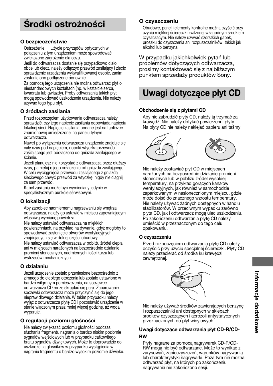 Środki ostrożności, Uwagi dotyczące płyt cd | Sony CDP-XE370 User Manual | Page 107 / 108
