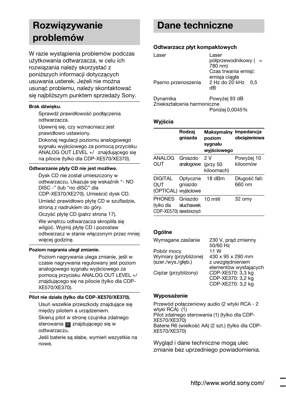 Rozwiązywanie problemów, Dane techniczne | Sony CDP-XE370 User Manual | Page 108 / 108