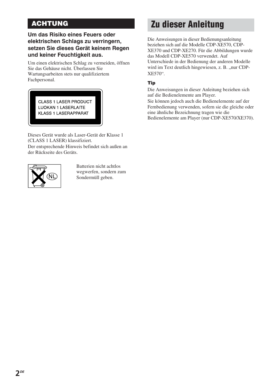 Zu dieser anleitung | Sony CDP-XE370 User Manual | Page 2 / 108