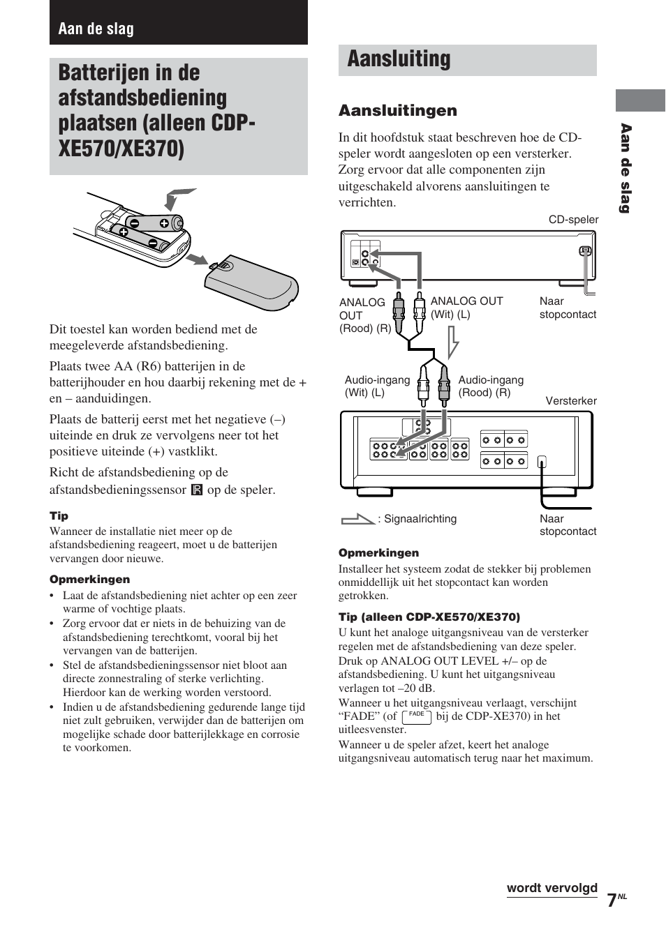Aansluiting, Aan de slag, Aansluitingen | Sony CDP-XE370 User Manual | Page 43 / 108