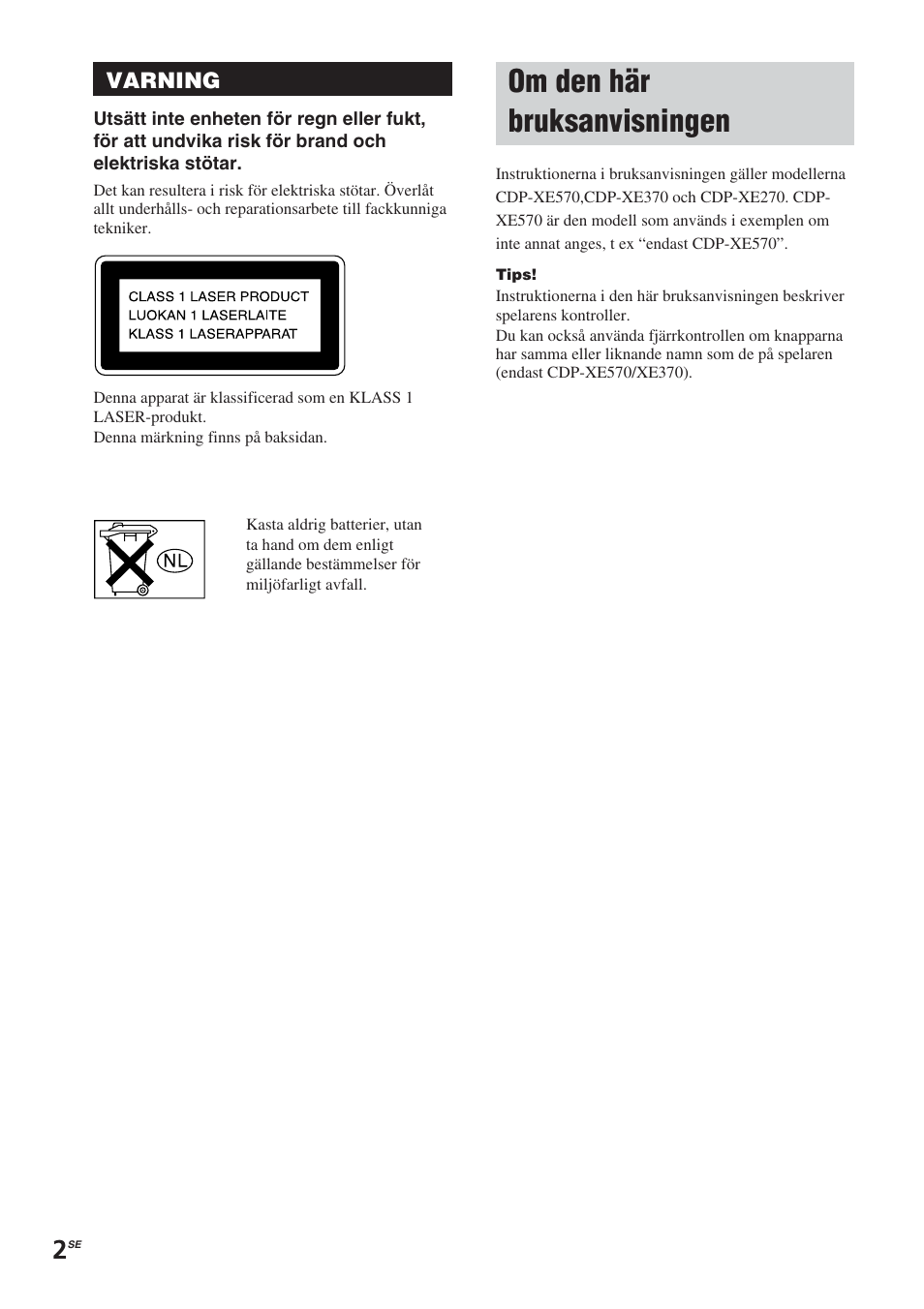 Om den här bruksanvisningen | Sony CDP-XE370 User Manual | Page 56 / 108