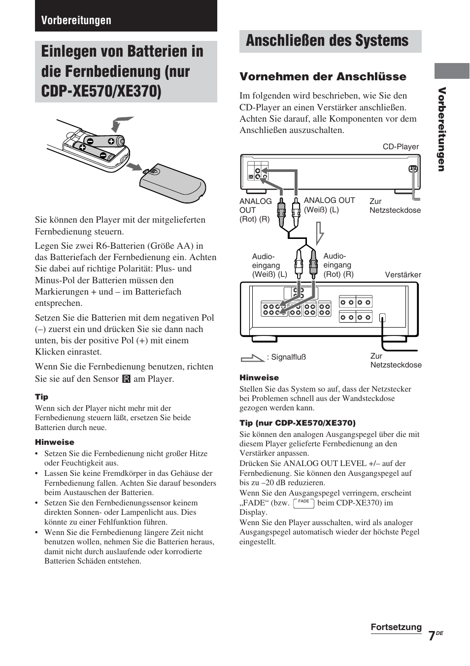 Anschließen des systems, Vorbereitungen, Vornehmen der anschlüsse | Sony CDP-XE370 User Manual | Page 7 / 108
