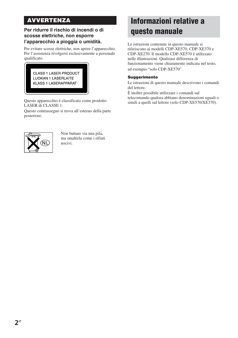 Informazioni relative a questo manuale | Sony CDP-XE370 User Manual | Page 74 / 108