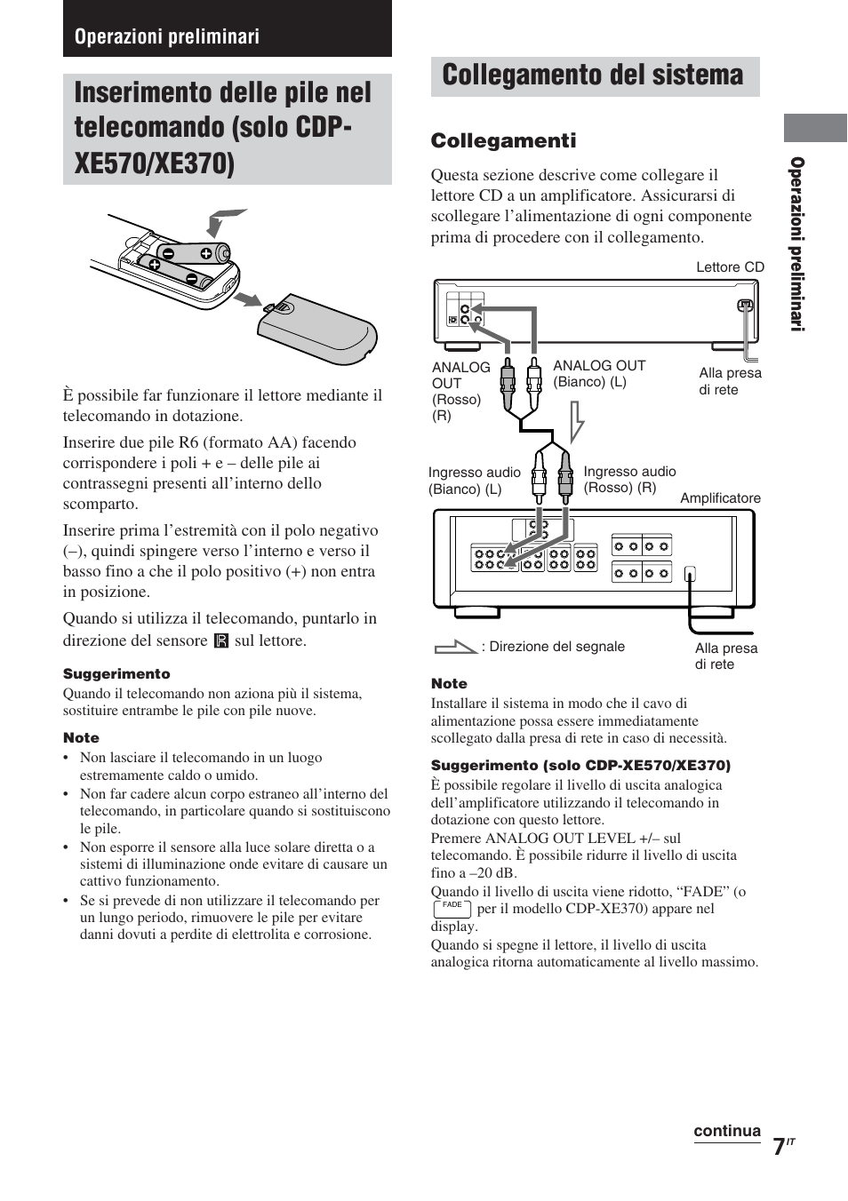 Collegamento del sistema, Operazioni preliminari, Collegamenti | Sony CDP-XE370 User Manual | Page 79 / 108