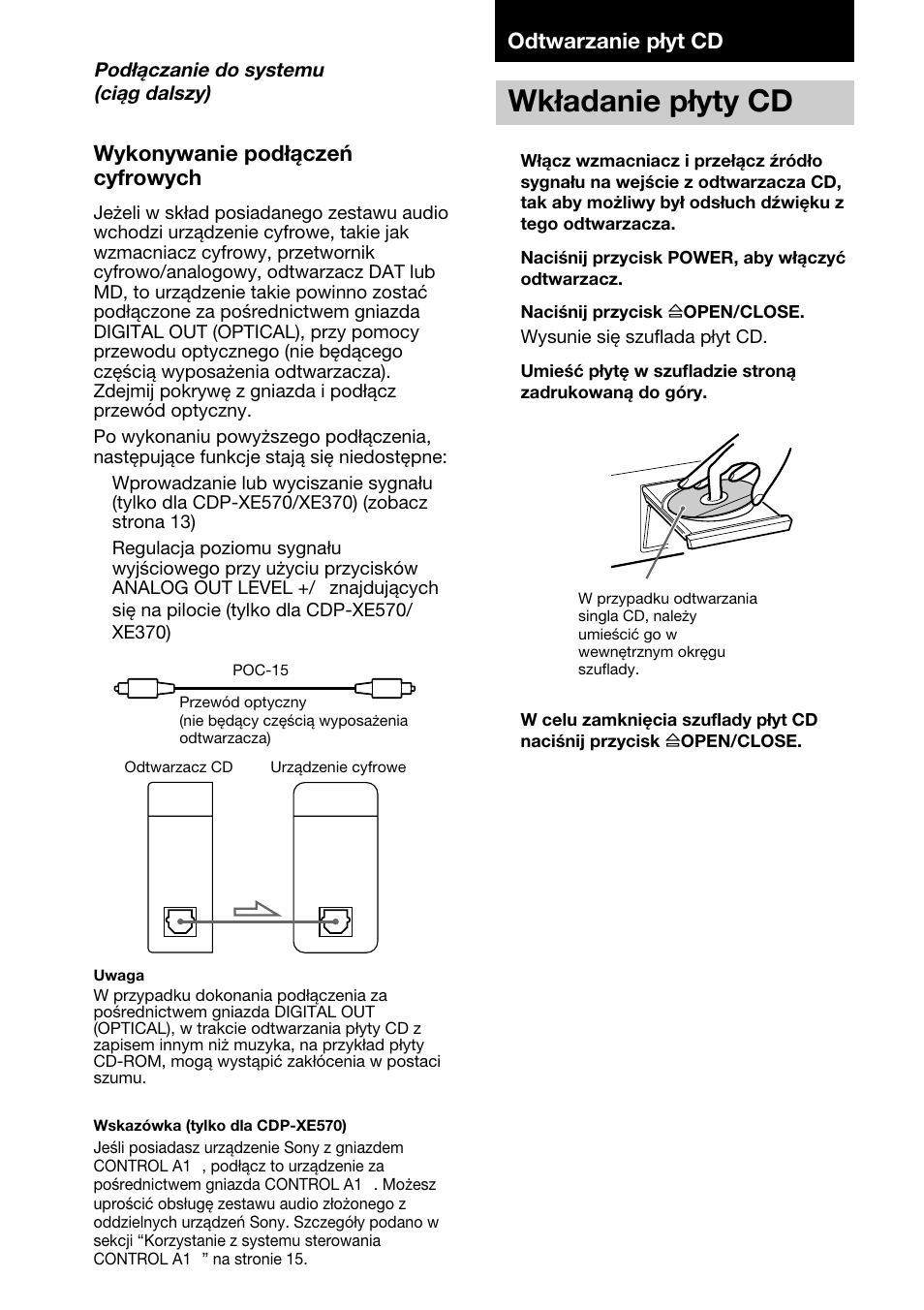 Wkładanie płyty cd | Sony CDP-XE370 User Manual | Page 98 / 108