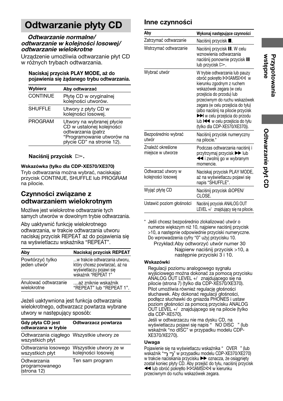 Odtwarzanie płyty cd, Czynności związane z odtwarzaniem wielokrotnym, Inne czynności | Sony CDP-XE370 User Manual | Page 99 / 108