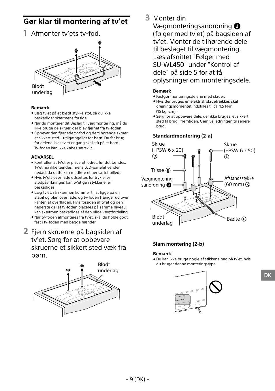 Gør klar til montering af tv'et, Afmonter tv'ets tv-fod | Sony KDL-55W805B User Manual | Page 108 / 321