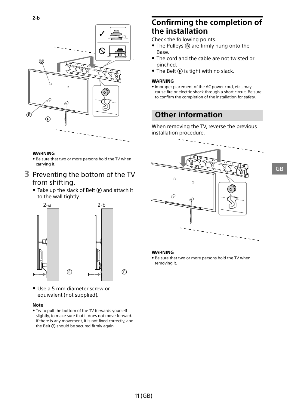 Confirming the completion of the installation, Other information, Preventing the bottom of the tv from shifting | Sony KDL-55W805B User Manual | Page 11 / 321