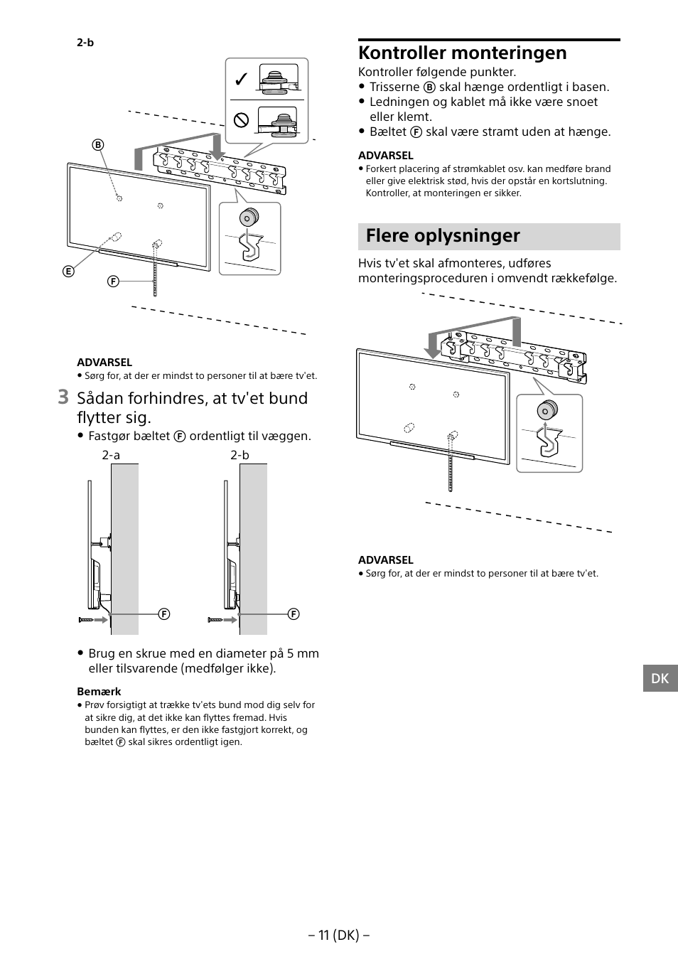 Kontroller monteringen, Flere oplysninger, Sådan forhindres, at tv'et bund flytter sig | Sony KDL-55W805B User Manual | Page 110 / 321