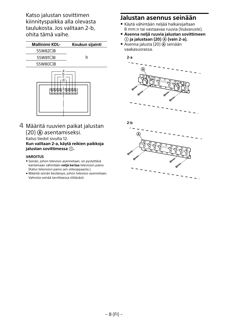 Jalustan asennus seinään | Sony KDL-55W805B User Manual | Page 118 / 321
