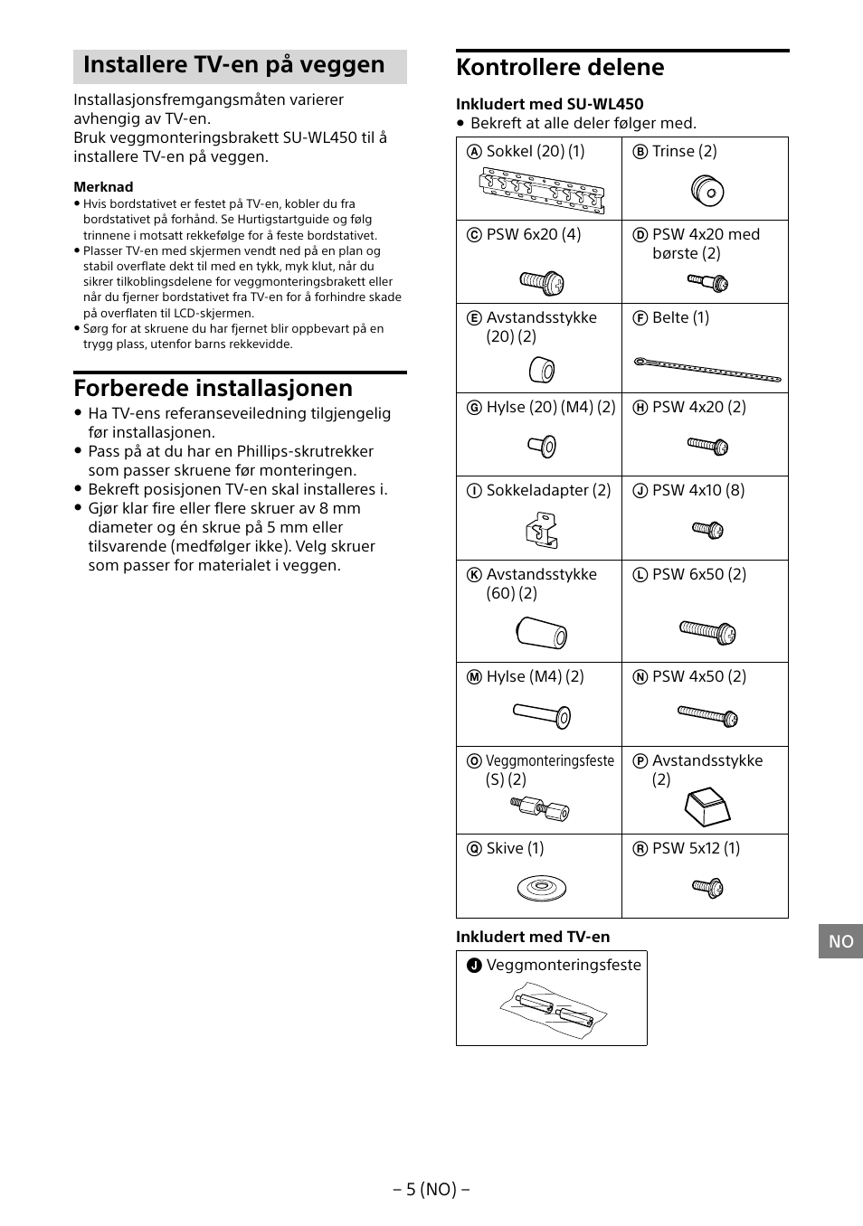 Installere tv-en på veggen, Forberede installasjonen, Kontrollere delene | Sony KDL-55W805B User Manual | Page 126 / 321