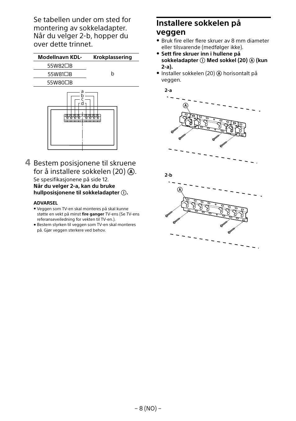 Installere sokkelen på veggen | Sony KDL-55W805B User Manual | Page 129 / 321