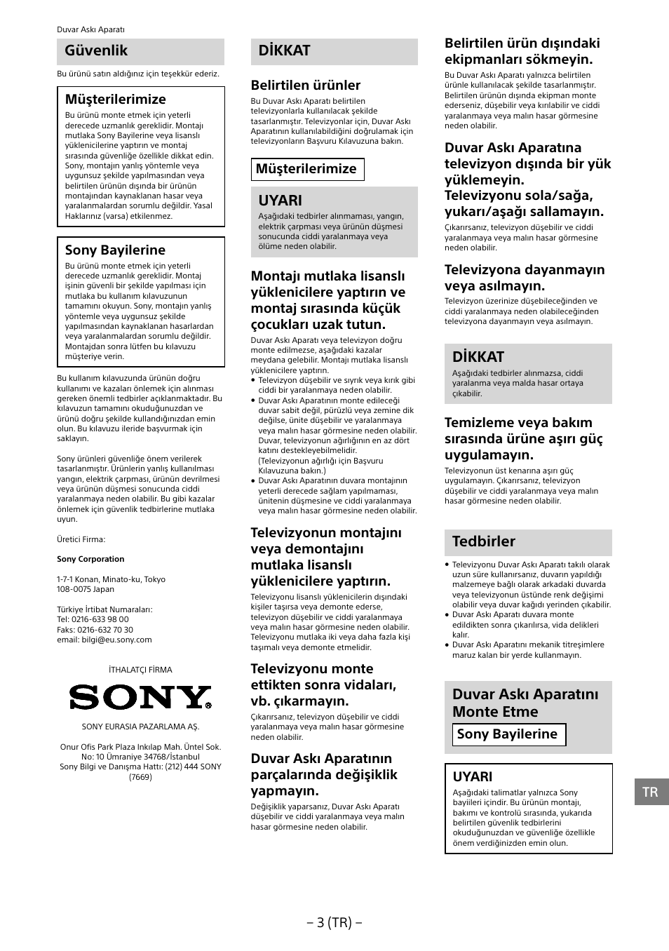Güvenlik, Dikkat, Uyari | Tedbirler, Duvar askı aparatını monte etme, 3 (tr), Müşterilerimize, Sony bayilerine, Belirtilen ürünler, Belirtilen ürün dışındaki ekipmanları sökmeyin | Sony KDL-55W805B User Manual | Page 146 / 321