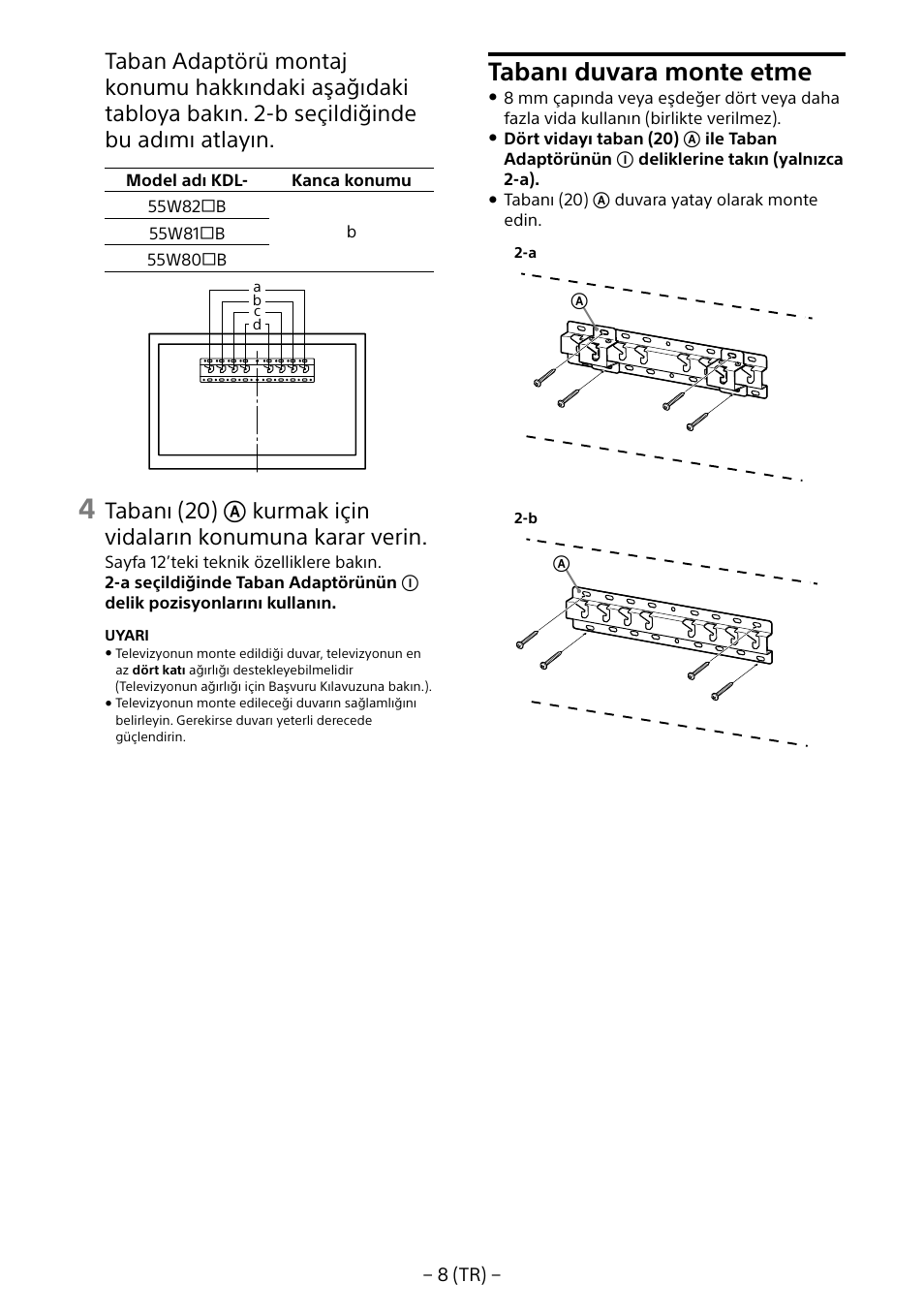 Tabanı duvara monte etme | Sony KDL-55W805B User Manual | Page 151 / 321