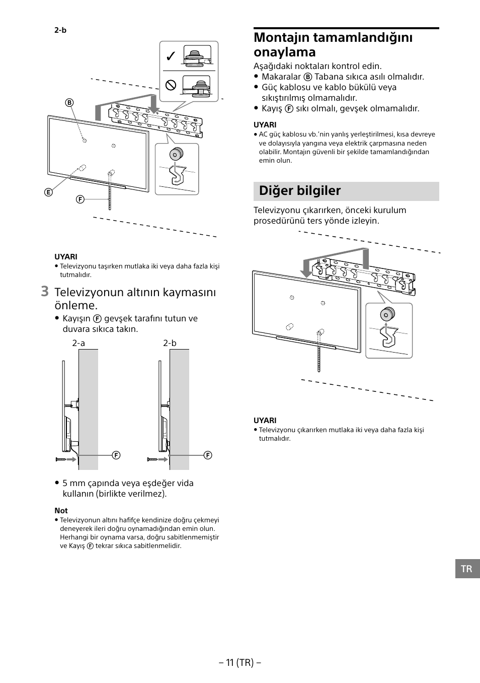 Montajın tamamlandığını onaylama, Diğer bilgiler, Televizyonun altının kaymasını önleme | Sony KDL-55W805B User Manual | Page 154 / 321