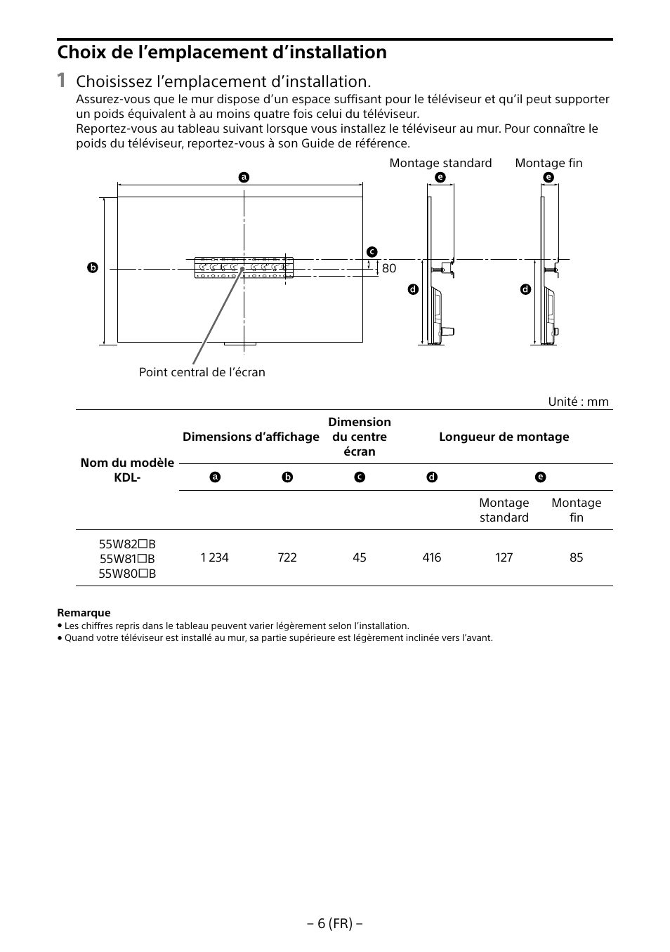Choix de l’emplacement d’installation, Choisissez l’emplacement d’installation | Sony KDL-55W805B User Manual | Page 17 / 321