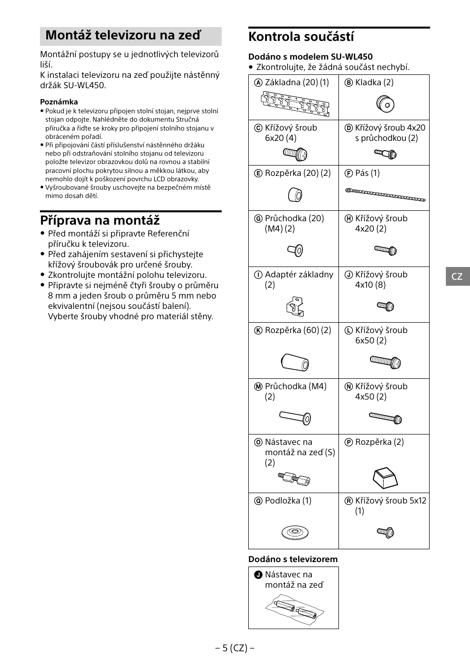 Montáž televizoru na zeď, Příprava na montáž, Kontrola součástí | Sony KDL-55W805B User Manual | Page 170 / 321