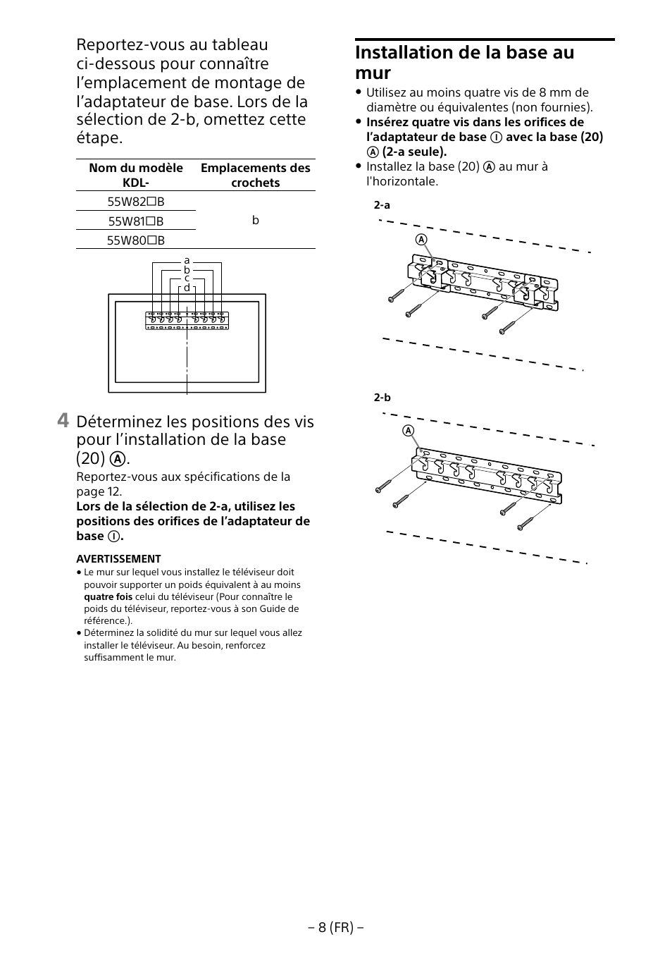 Installation de la base au mur | Sony KDL-55W805B User Manual | Page 19 / 321