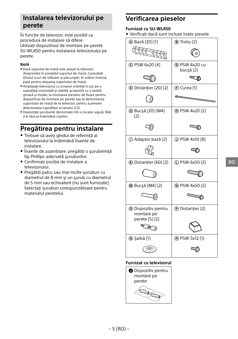 Instalarea televizorului pe perete, Pregătirea pentru instalare, Verificarea pieselor | Sony KDL-55W805B User Manual | Page 192 / 321