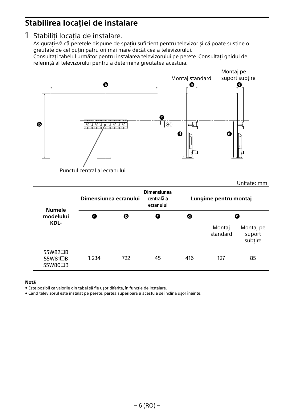 Stabilirea locaţiei de instalare, Stabiliţi locaţia de instalare | Sony KDL-55W805B User Manual | Page 193 / 321