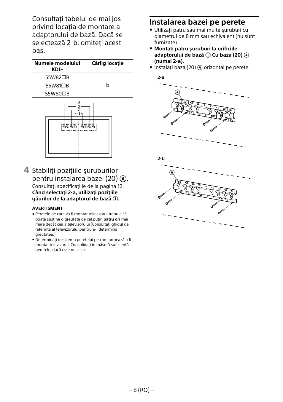 Instalarea bazei pe perete | Sony KDL-55W805B User Manual | Page 195 / 321
