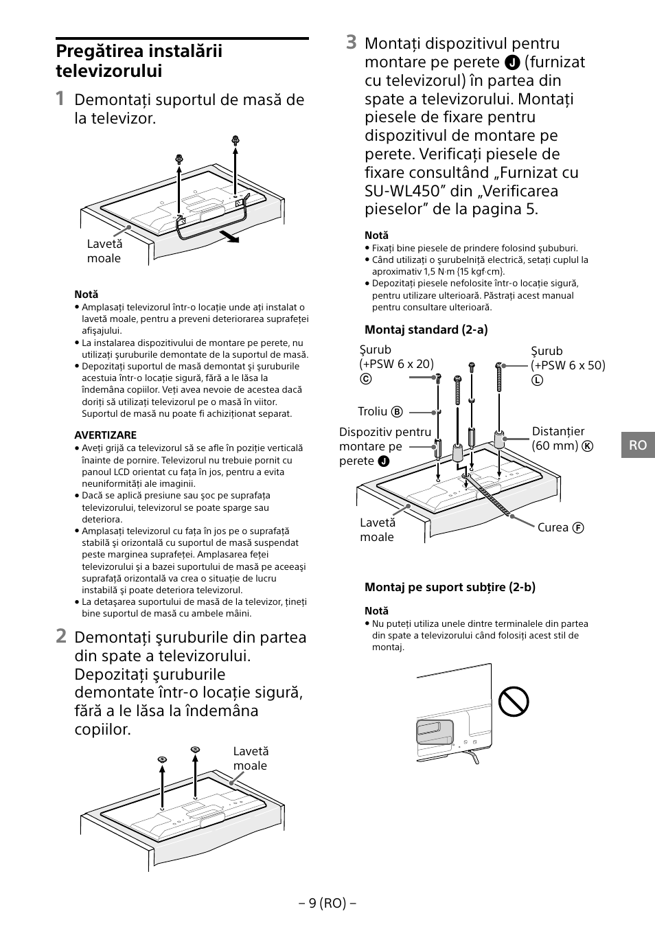 Pregătirea instalării televizorului, Demontaţi suportul de masă de la televizor | Sony KDL-55W805B User Manual | Page 196 / 321
