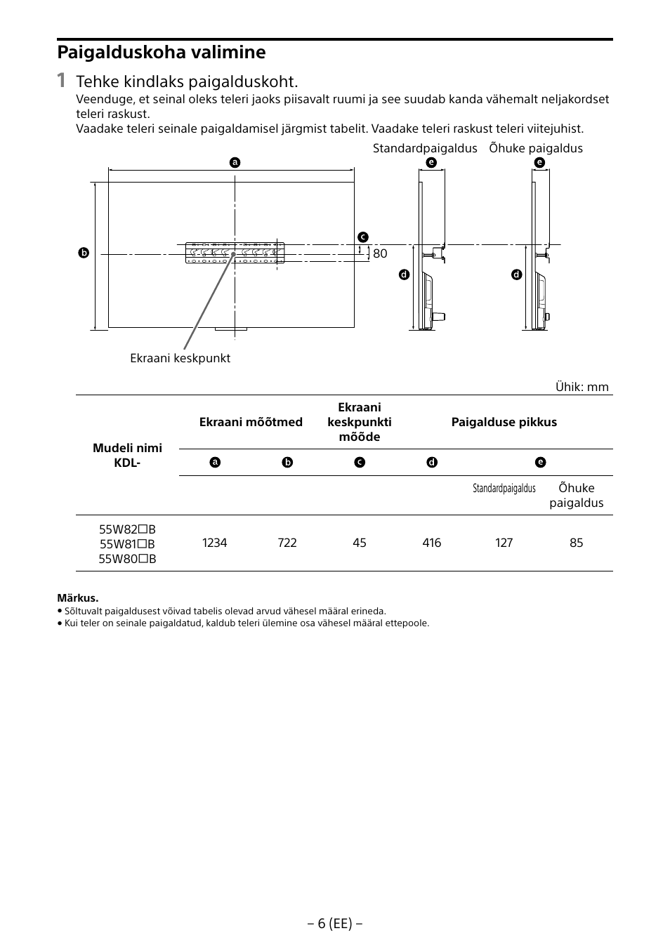 Paigalduskoha valimine, Tehke kindlaks paigalduskoht | Sony KDL-55W805B User Manual | Page 238 / 321