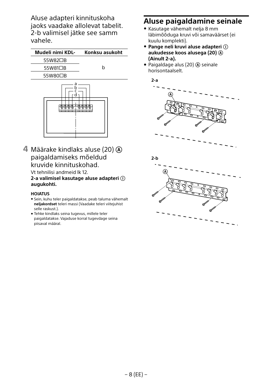Aluse paigaldamine seinale | Sony KDL-55W805B User Manual | Page 240 / 321