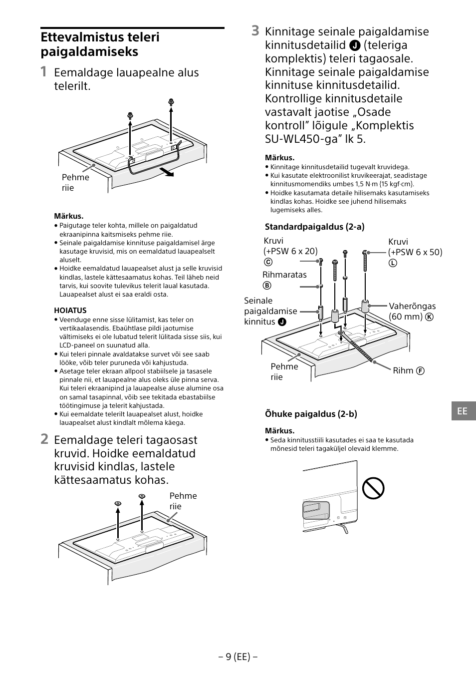Ettevalmistus teleri paigaldamiseks, Eemaldage lauapealne alus telerilt | Sony KDL-55W805B User Manual | Page 241 / 321