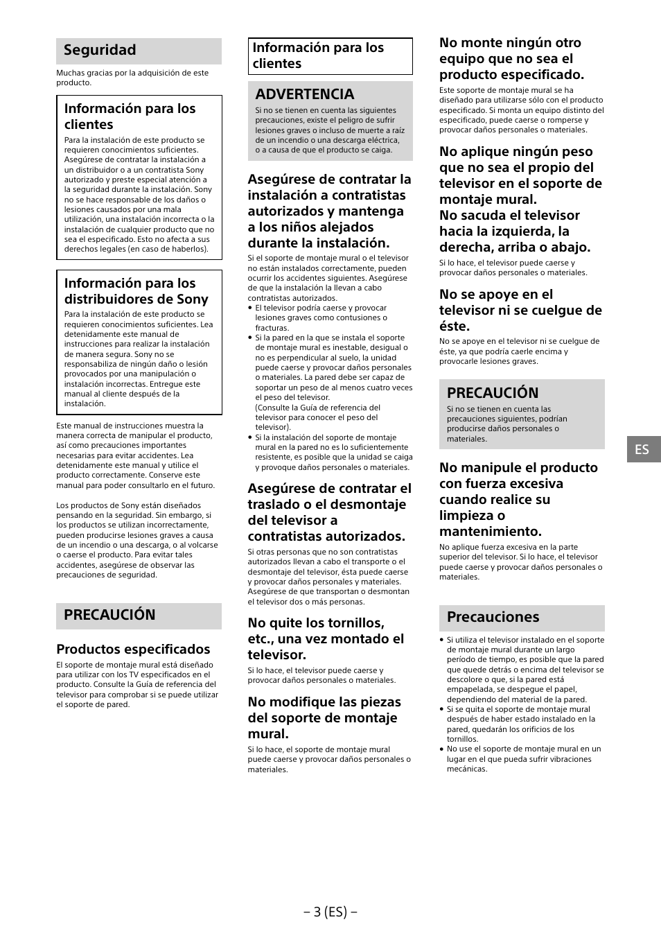 Seguridad, Precaución, Advertencia | Precauciones, 3 (es), Información para los clientes, Información para los distribuidores de sony, Productos especificados, No se apoye en el televisor ni se cuelgue de éste | Sony KDL-55W805B User Manual | Page 25 / 321