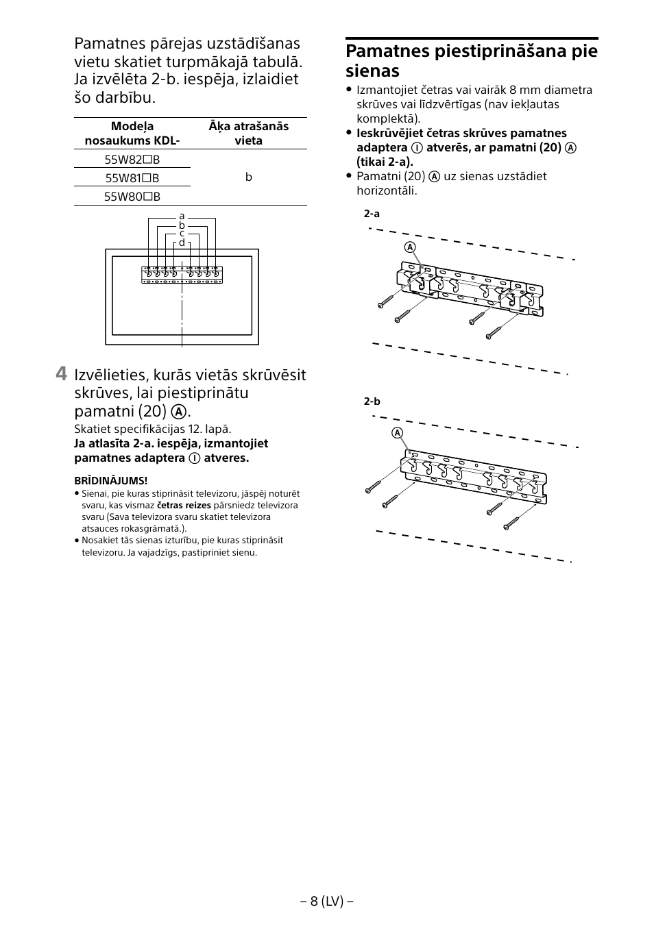 Pamatnes piestiprināšana pie sienas | Sony KDL-55W805B User Manual | Page 251 / 321