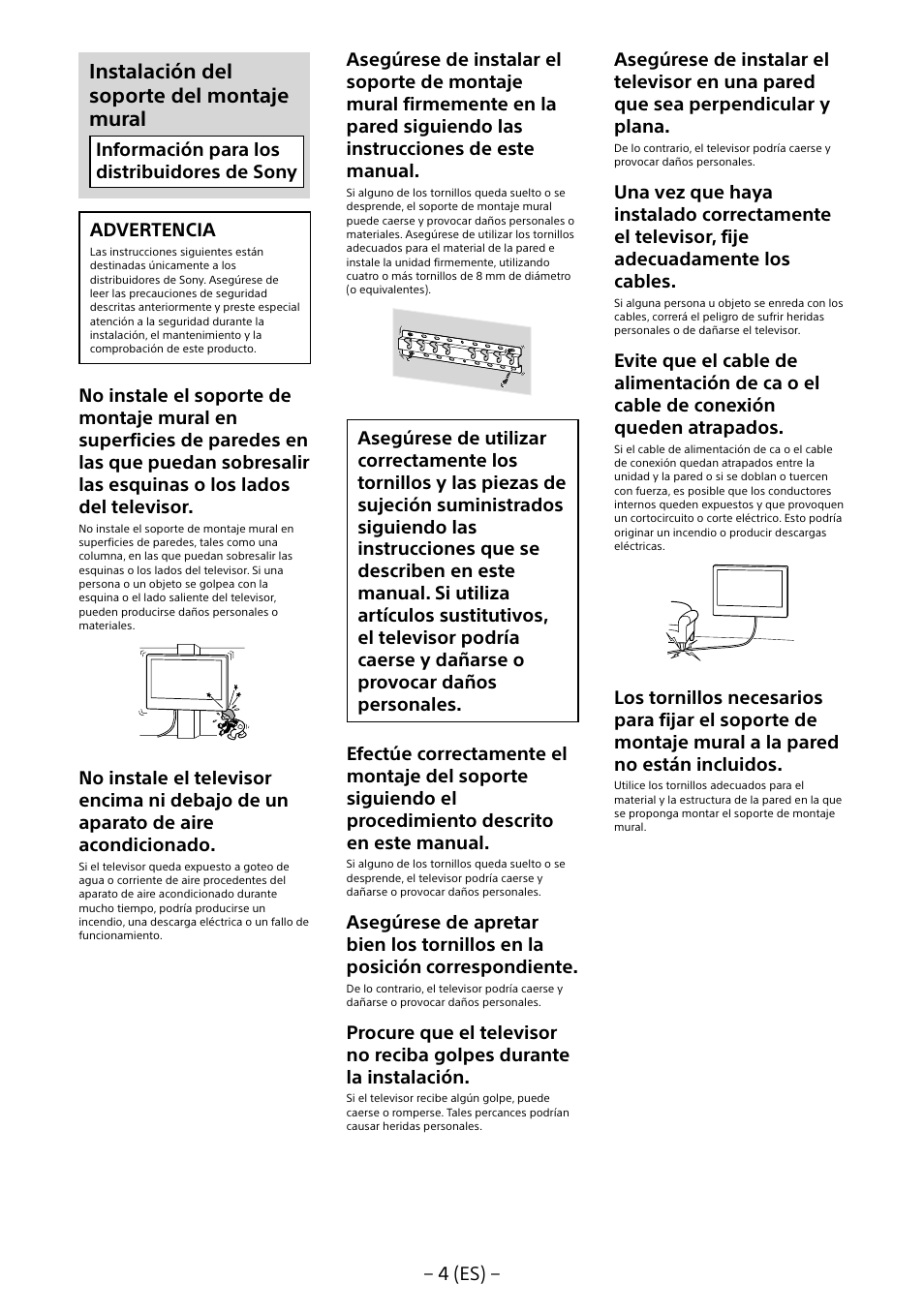 Instalación del soporte del montaje mural | Sony KDL-55W805B User Manual | Page 26 / 321